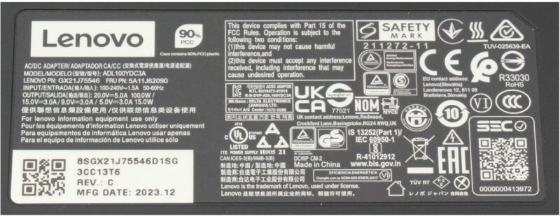 Chargeur USB-C d'origine Lenovo ADL100YAC3A 100 W – Image 3